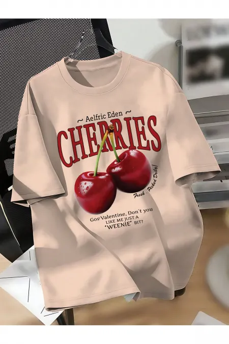 Unisex Erkek/Kadın CHERRIES Özel Baskılı Oversize Pamuklu Bisiklet Yaka T-Shirt