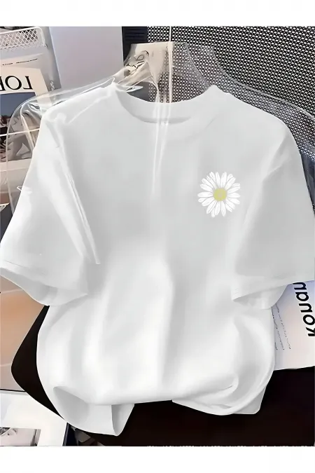 Unisex Papatya Desenli Baskılı Oversize Tişört