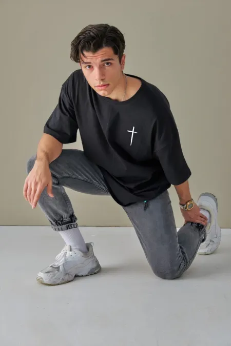 Men's Black Color Oversize Cross Logo Printed T-shirt