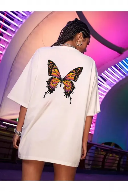 White T-Shirt, Orange Butterfly Printed Oversized Combed Cotton T-shirt