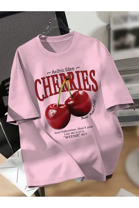 Unisex Erkek/Kadın CHERRIES Özel Baskılı Oversize Pamuklu Bisiklet Yaka T-Shirt