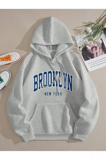 Brooklyn Sweatshirt Kangaroo Pocket Printed Hooded Raised