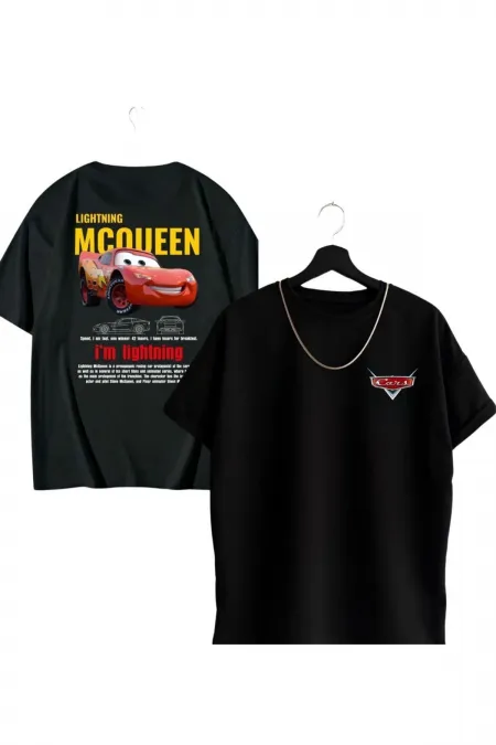Unisex Black Lightning McQueen Cars Front and Back Printed Short Sleeve 100% Cotton T-shirt