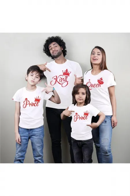 King Queen Prince Princess Baskılı 4lü Aile Boyu Tişört Kombini Yeni Sezon Kırmızı Tasarım Tshirtler