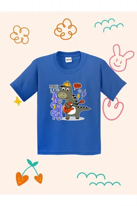 Kids' T-shirt with Dinosaur Playing Guitar Print