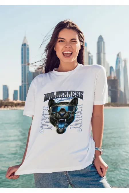 Unisex Erkek/Kadın WILDERNESS Renkli Özel Baskılı Oversize Pamuklu Bisiklet Yaka T-Shirt Tişört