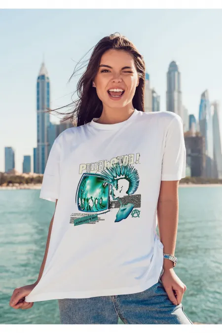 Unisex Erkek/Kadın PUNK HEADS Renkli Özel Baskılı Oversize Pamuklu Bisiklet Yaka T-Shirt Tişört