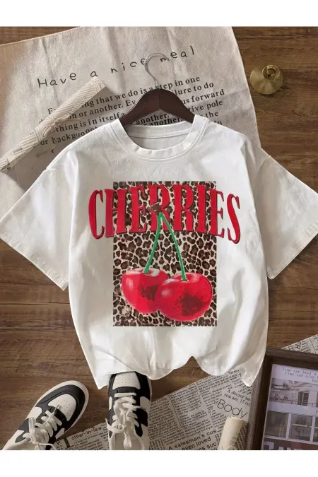 CHERRIES Baskılı Unisex Oversize Pamuklu T-shirt