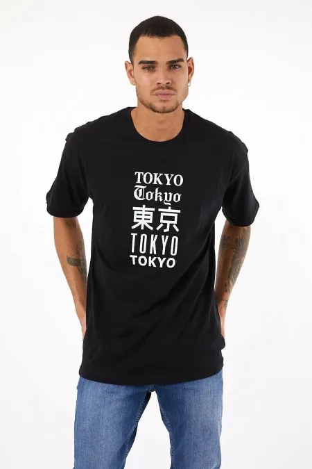 Erkek Siyah Tokyo Baskılı Oversize T-shirt