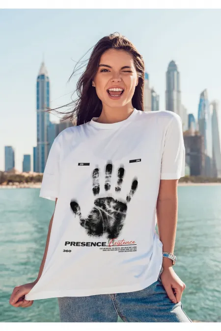 Unisex Erkek/Kadın EXISTENCE Renkli Özel Baskılı Oversize Pamuklu Bisiklet Yaka T-Shirt Tişört