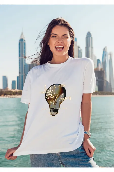 Unisex Erkek/Kadın LIGHT Renkli Özel Baskılı Oversize Pamuklu Bisiklet Yaka T-Shirt Tişört