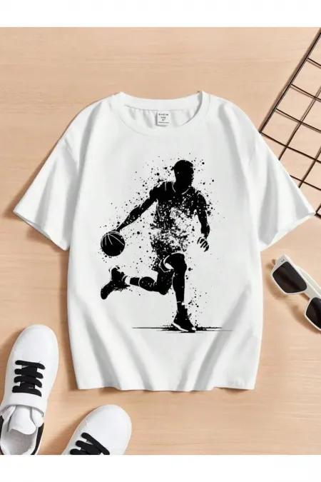 T-shirt enfant blanc imprimé joueur de basket-ball