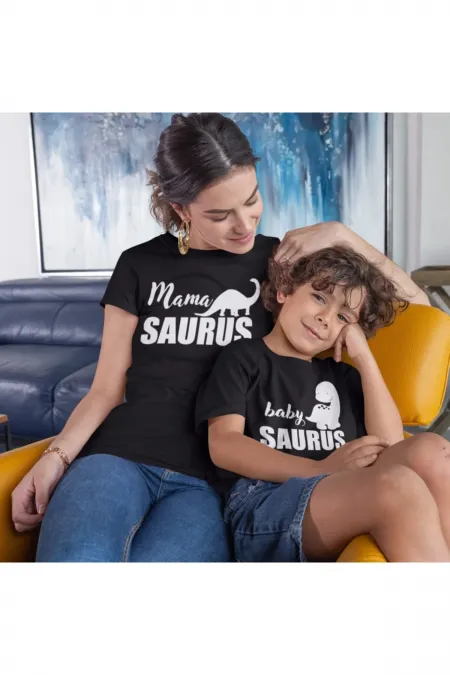Anne Oğul Tişört Kombini Dinazor Saurus Baskılı Pamuklu 1. Kalite Siyah T-shirt Kombini