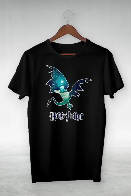 Unisex Siyah Harry Potter Ejderha Illustrasyon T-Shirt