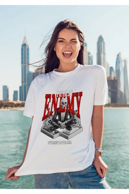 Unisex Erkek/Kadın PUBLIC ENEMY Renkli Özel Baskılı Oversize Pamuklu Bisiklet Yaka T-Shirt Tişört