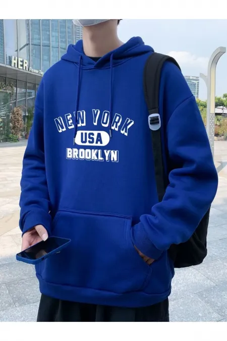 New York Baskılı Mavi Sweathirt