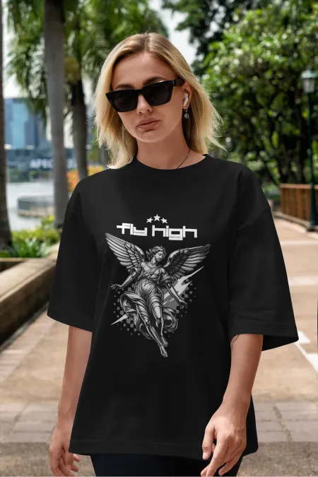 Unisex Women's/Men's FLY HIGH Colorful Custom Printed Oversize Cotton Jersey T-Shirt