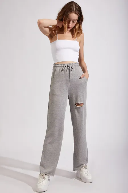 Women's Gray Ripped Detailed Knitted Sweatpants Si00020