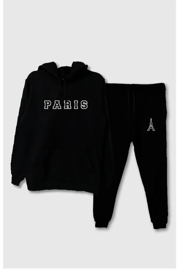 2'li Paris Unisex Siyah Kapüşonlu Sweatshirt Ve Eşofman Kombin Bubu Sweathshirt