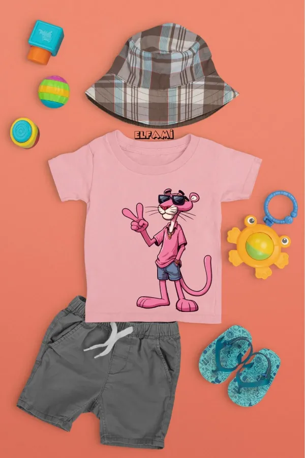 Pembe Panter Detay Baskılı Kız/Erkek Çocuk T-Shirt