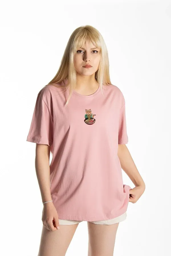 Women's Pink Front Chef Cat Printed Crew Neck Oversize Cotton T-shirt