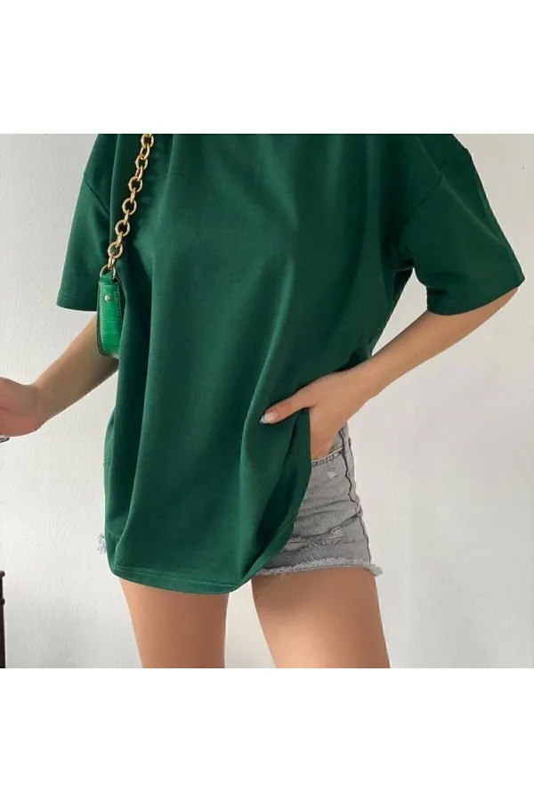 Down Wear Green Crew Neck Cotton Oversize Boyfriend T-shirt