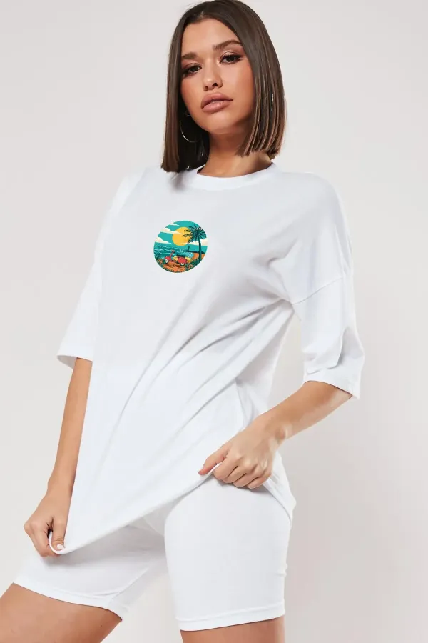Kadın Beyaz Scooter Baskılı Bisiklet Yaka Oversize Pamuklu T-shirt