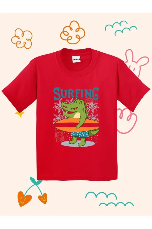 Sörfçü Dino Baskılı Çocuk T-shirt
