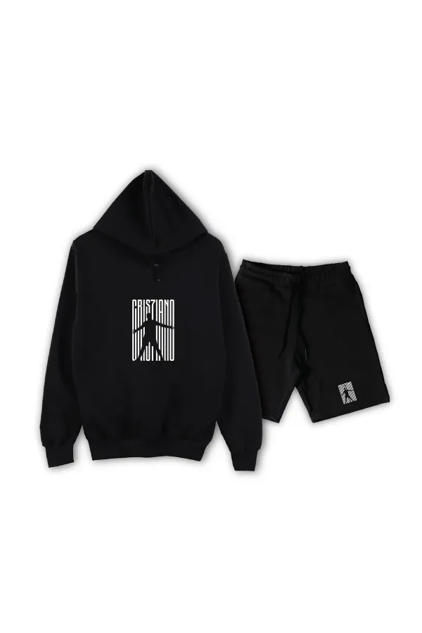 2li Cristiano Ronaldo Unisex Siyah Kapüşonlu Ve Gri Şort Kombini