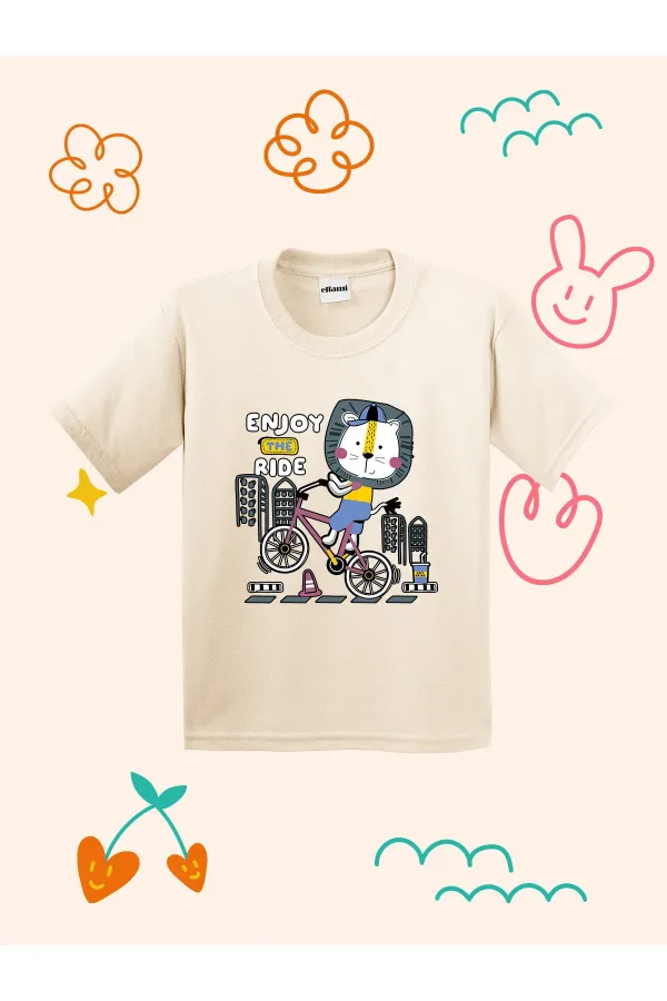 Kids' T-shirt with Lion Cyclist Print