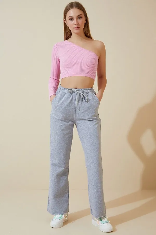 Women's Grey Wide Leg Combed Cotton Sweatpants