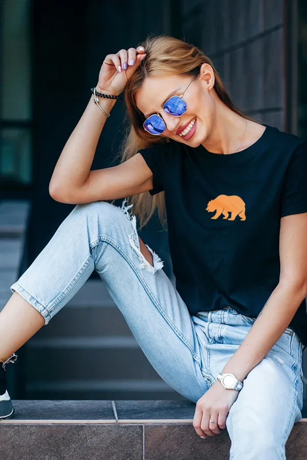 Turuncu Bear Unisex Baskılı Siyah T-shirt