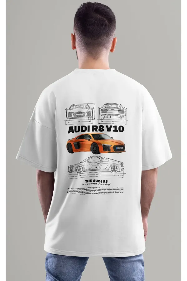 Unisex Erkek/Kadın AUDI R8 V10 Renkli Özel Baskılı Oversize Pamuklu Bisiklet Yaka T-Shirt Tişört
