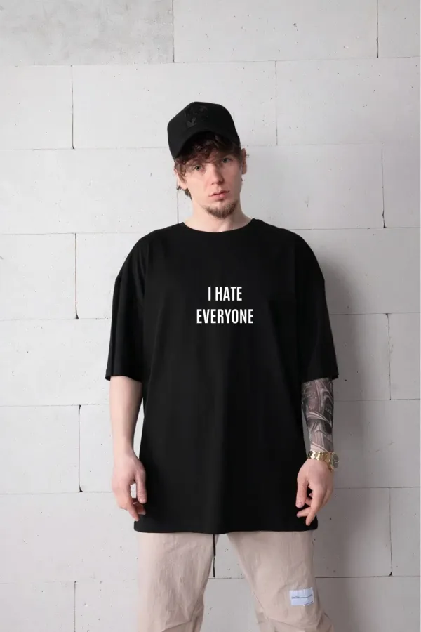Men's Black Color Oversize I Hate Everyone Printed T-shirt