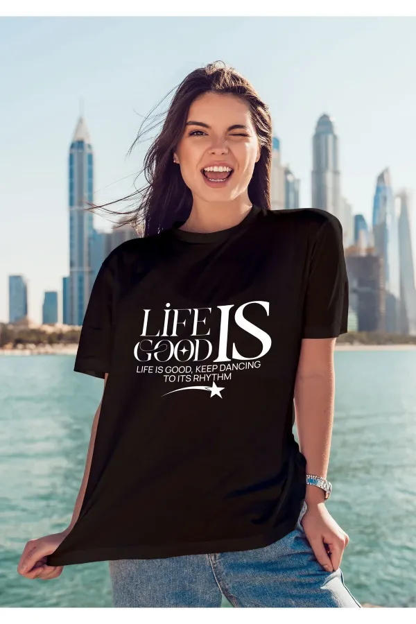 Unisex Men's/Women's LIFE IS GOOD Colorful Custom Printed Oversize Cotton Crew Neck T-Shirt