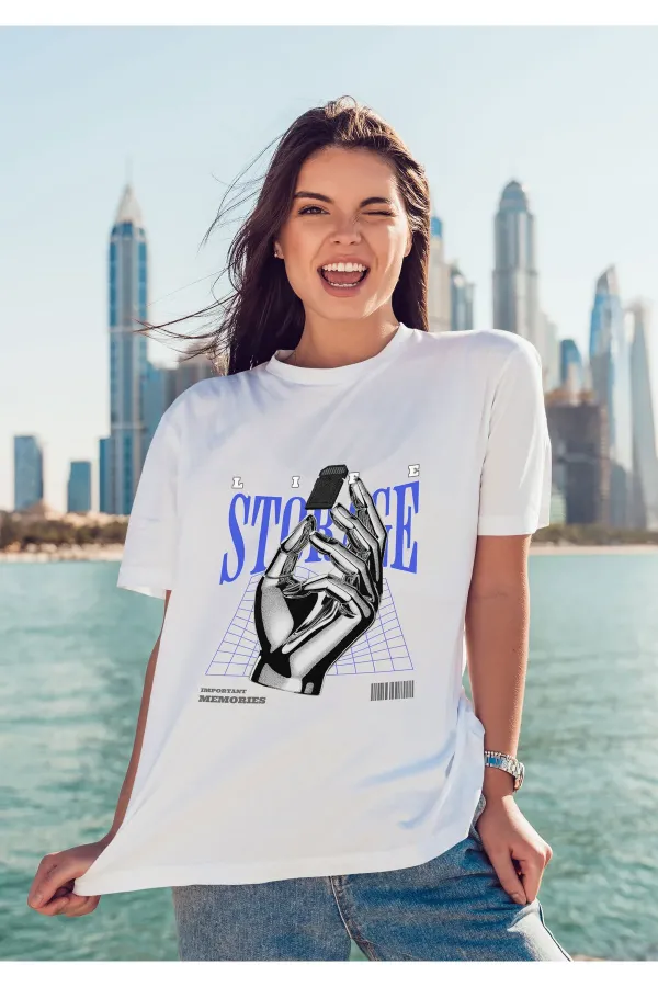 Unisex Erkek/Kadın STORAGE Renkli Özel Baskılı Oversize Pamuklu Bisiklet Yaka T-Shirt Tişört