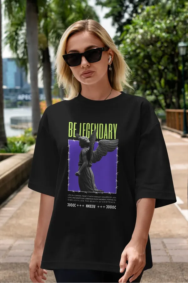 T-shirt unisexe BE LEGENDARY, imprimé personnalisé coloré, coupe oversize, col rond, en coton.