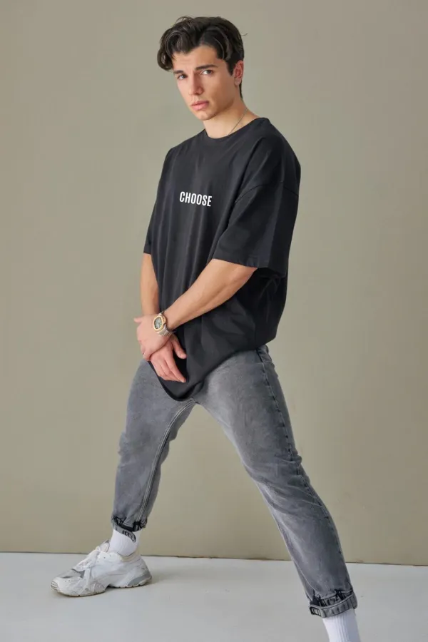 Men's Black Color Oversize Choose Printed T-shirt