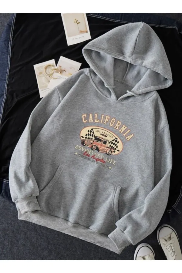 Trend Ahmet Kapüşonlu Kanguru Cepli California Baskılı Oversize Sweatshirt - Gri
