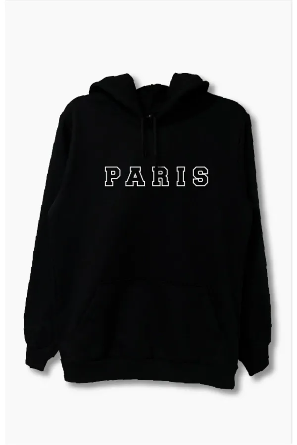 2'li Paris Unisex Siyah Kapüşonlu Sweatshirt Ve Eşofman Kombin Bubu Sweathshirt