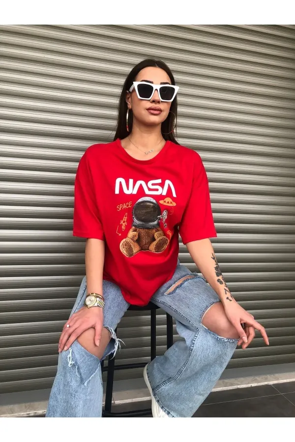 Oversized NASA Teddy Bear Printed Unisex Red T-shirt