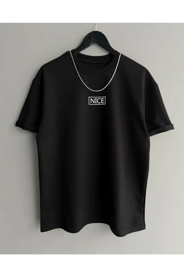 Unisex Black Nice Printed Crew Neck Oversize T-shirt