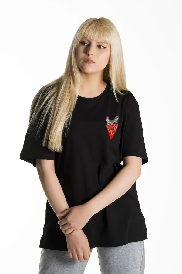 T-shirt oversize en coton à col ras du cou et imprimé chat masqué noir pour femme