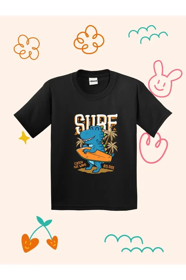 Surfer Dinosaur Print Kids T-shirt