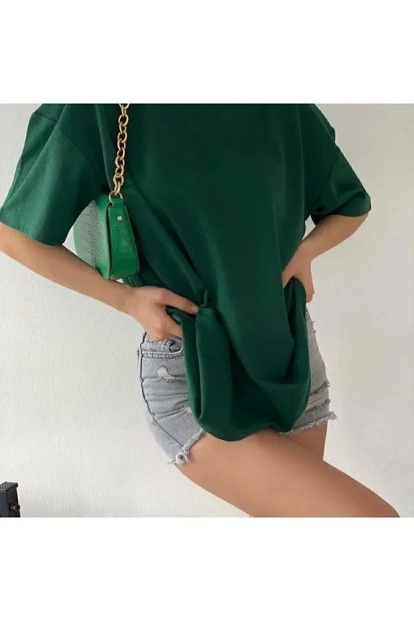 Down Wear Green Crew Neck Cotton Oversize Boyfriend T-shirt