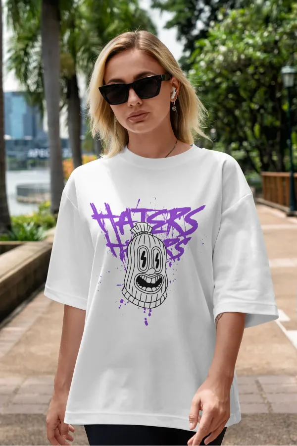 Unisex Erkek/Kadın HATERS Renkli Özel Baskılı Oversize Pamuklu Bisiklet Yaka T-Shirt Tişört