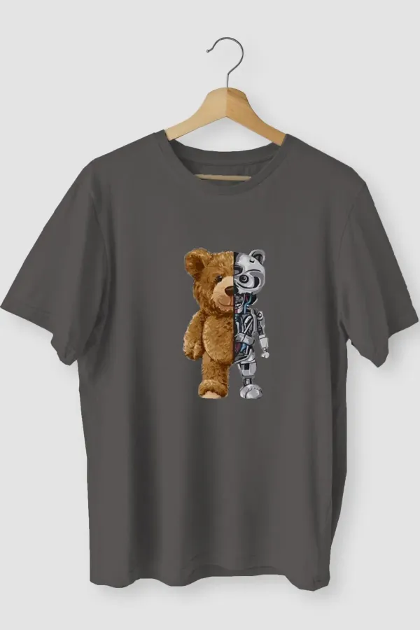 T-shirt robotique unisexe surdimensionné Griland gris foncé avec motif ours