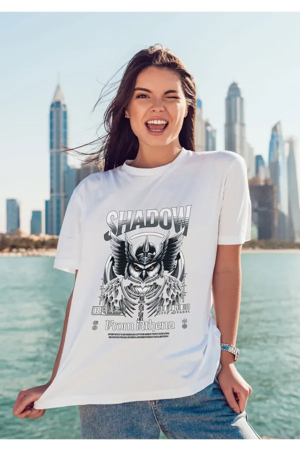 Unisex Erkek/Kadın SHADOW Renkli Özel Baskılı Oversize Pamuklu Bisiklet Yaka T-Shirt Tişört