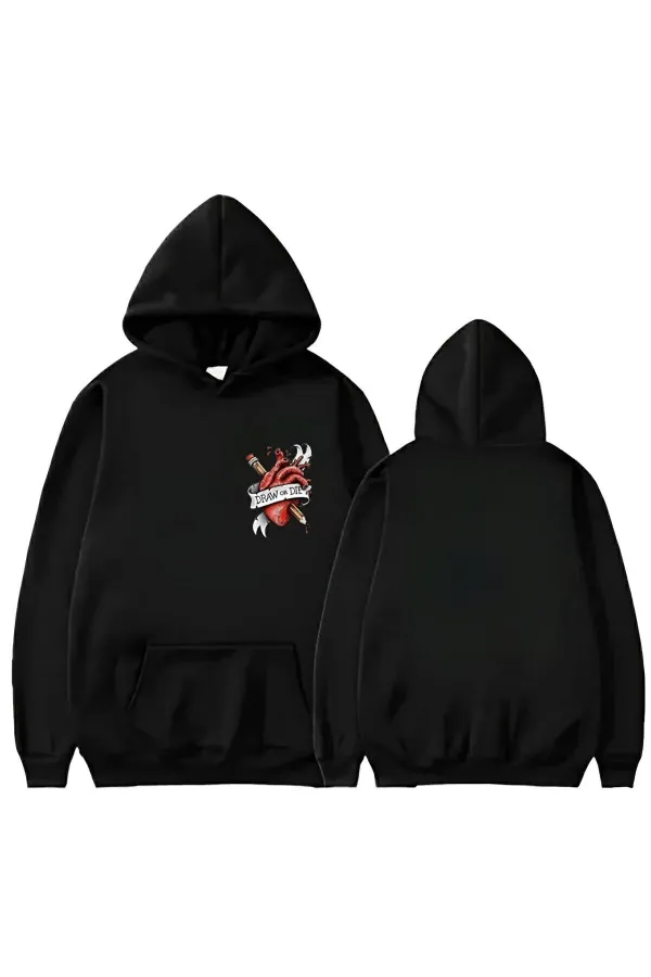 HEART PEN PRINTED HOODED SWEATSHIRT