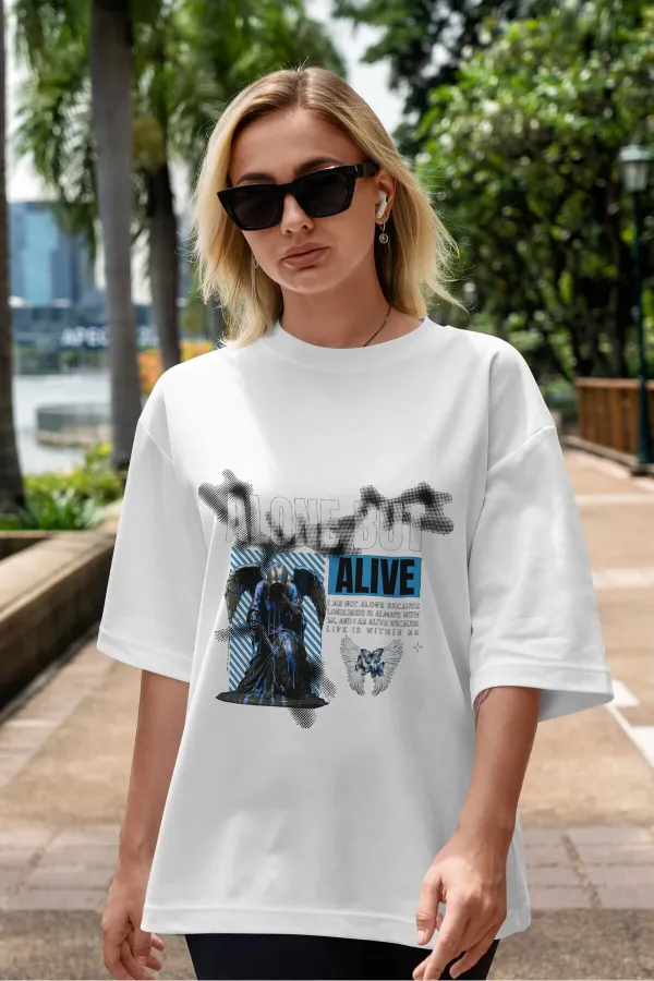 Unisex Women's/Men's ALONE BUT ALIVE Colorful Custom Printed Oversize Cotton Jersey T-Shirt